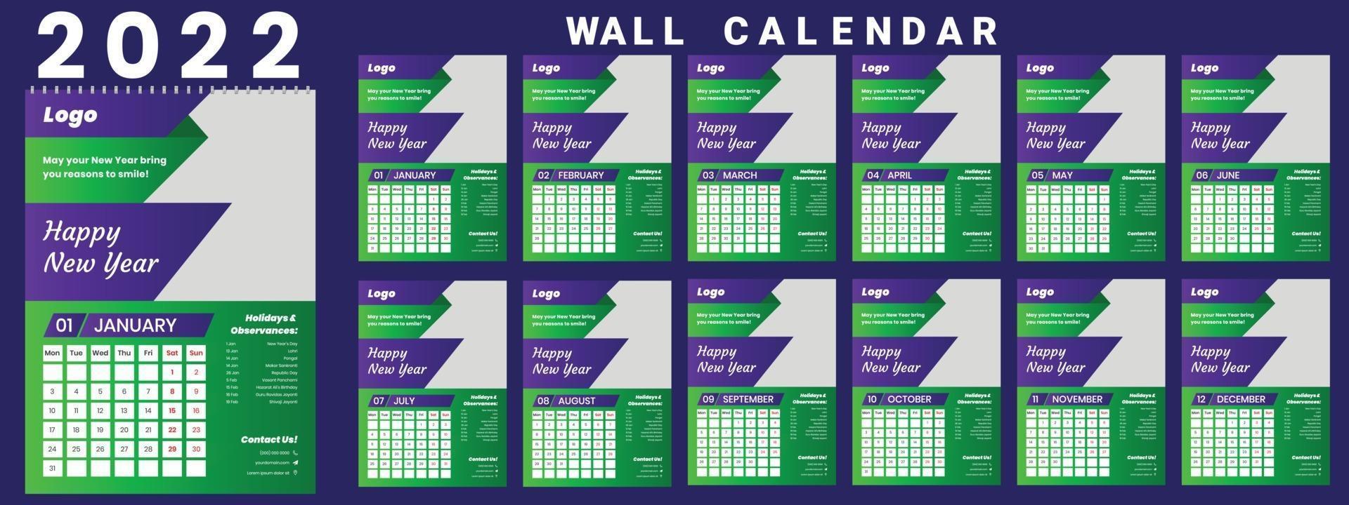 Wall Calendar 2022 week start Monday corporate design template vector