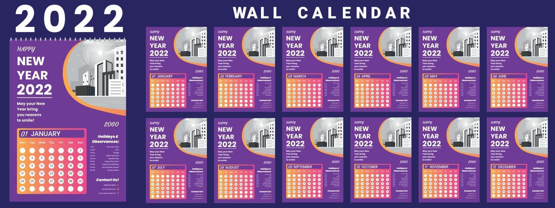 Wall Calendar 2022 week start Monday corporate design template vector