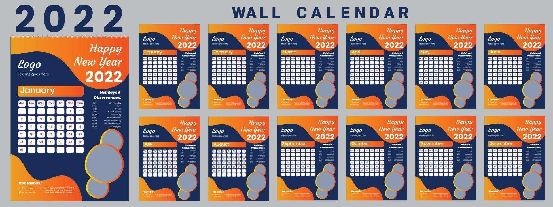 Wall Calendar 2022 week start Monday corporate design template vector