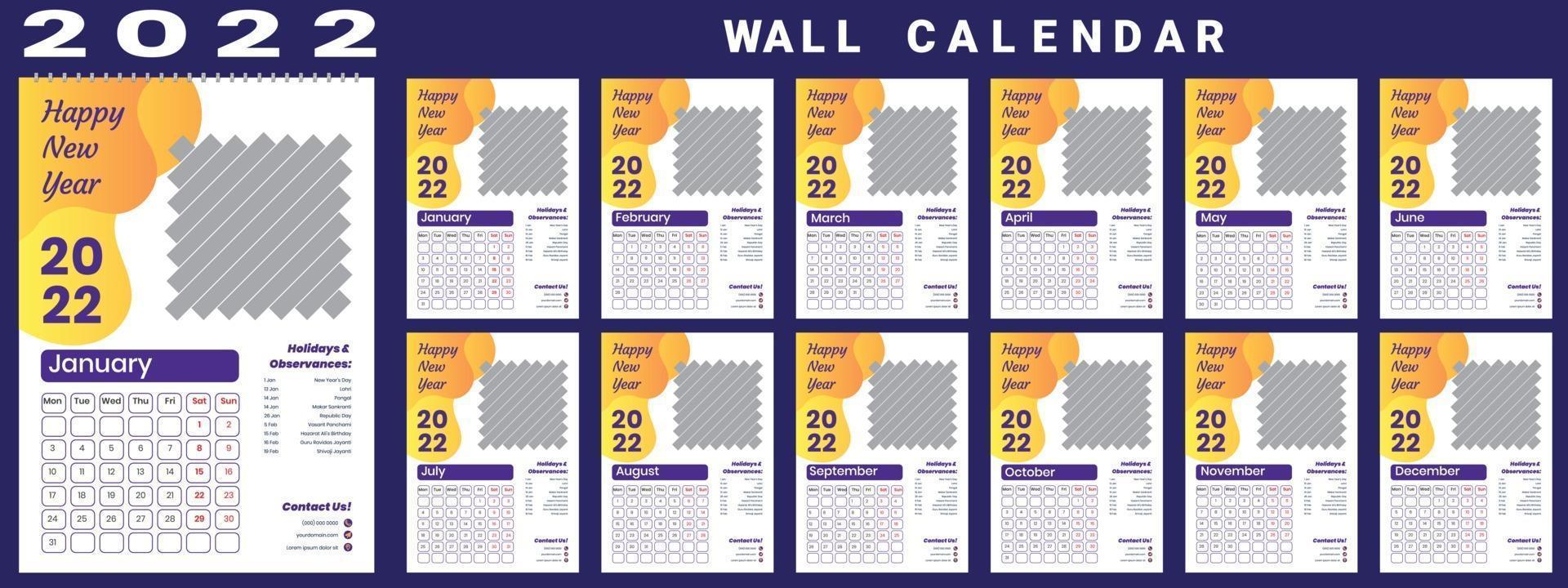 Wall Calendar 2022 week start Monday corporate design template vector
