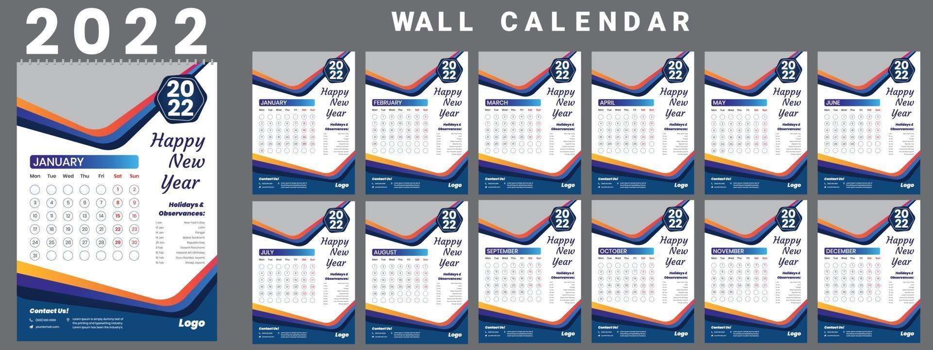 Wall Calendar 2022 week start Monday corporate design template vector