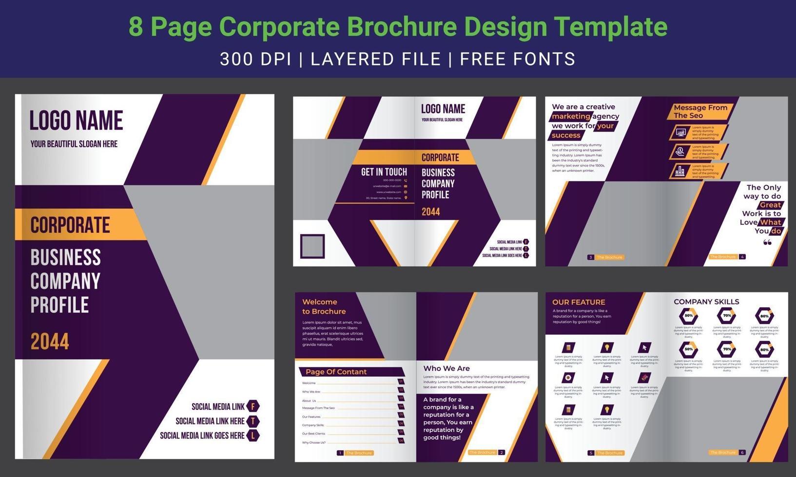 8 page minimal business brochure design template, company profile, vector