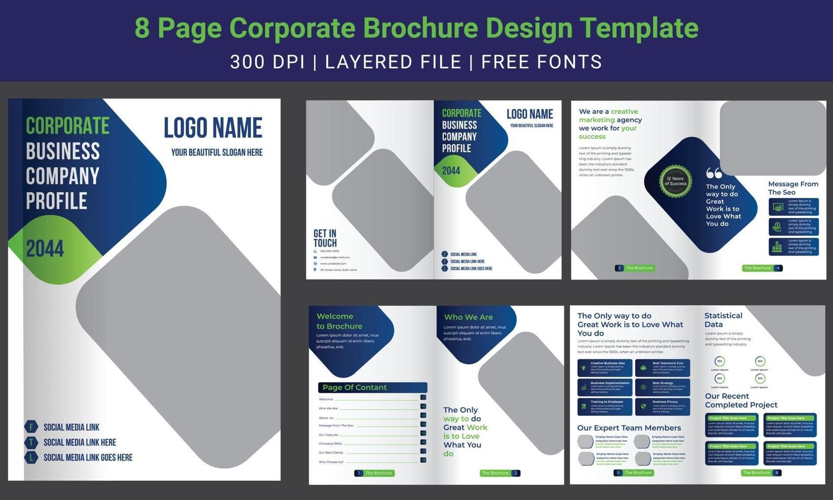 Plantilla de diseño de folleto comercial mínimo de 8 páginas, perfil de la empresa, vector