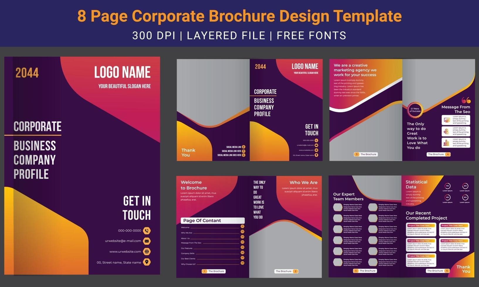 Plantilla de diseño de folleto comercial mínimo de 8 páginas, perfil de la empresa, vector