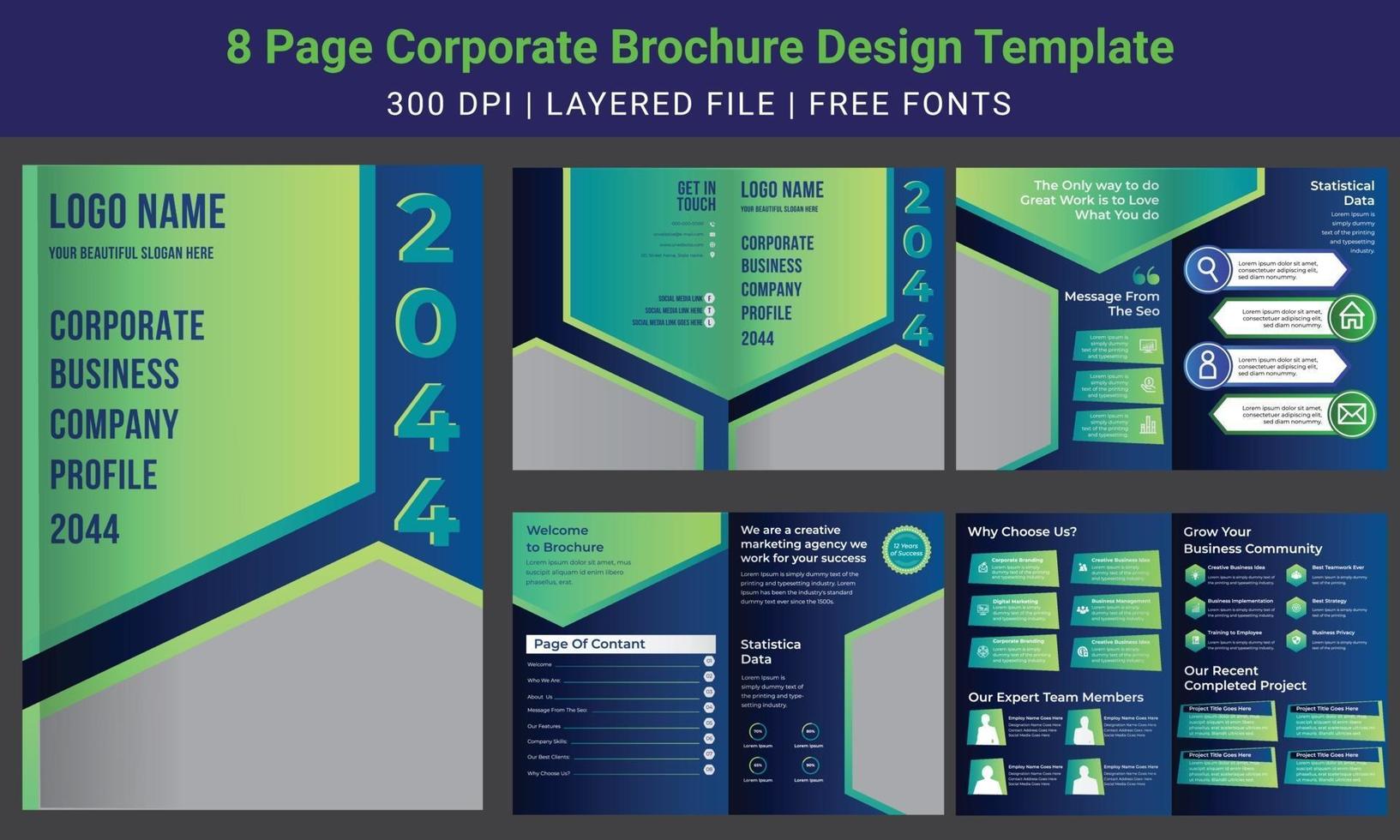 8 page minimal business brochure design template, company profile, vector