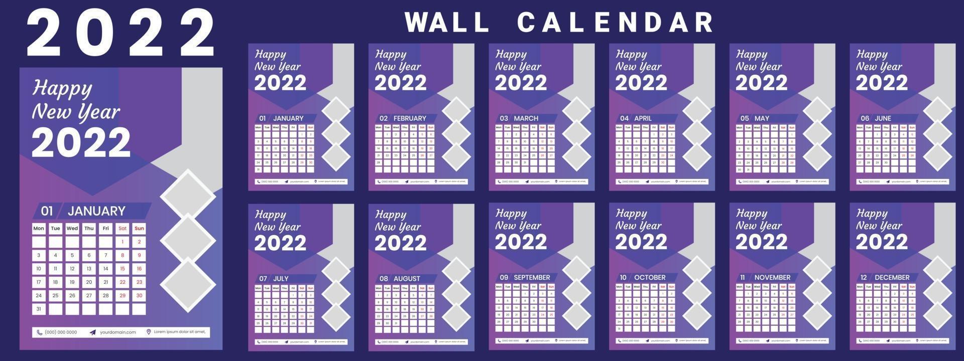 Wall Calendar 2022 week start Monday corporate design template vector