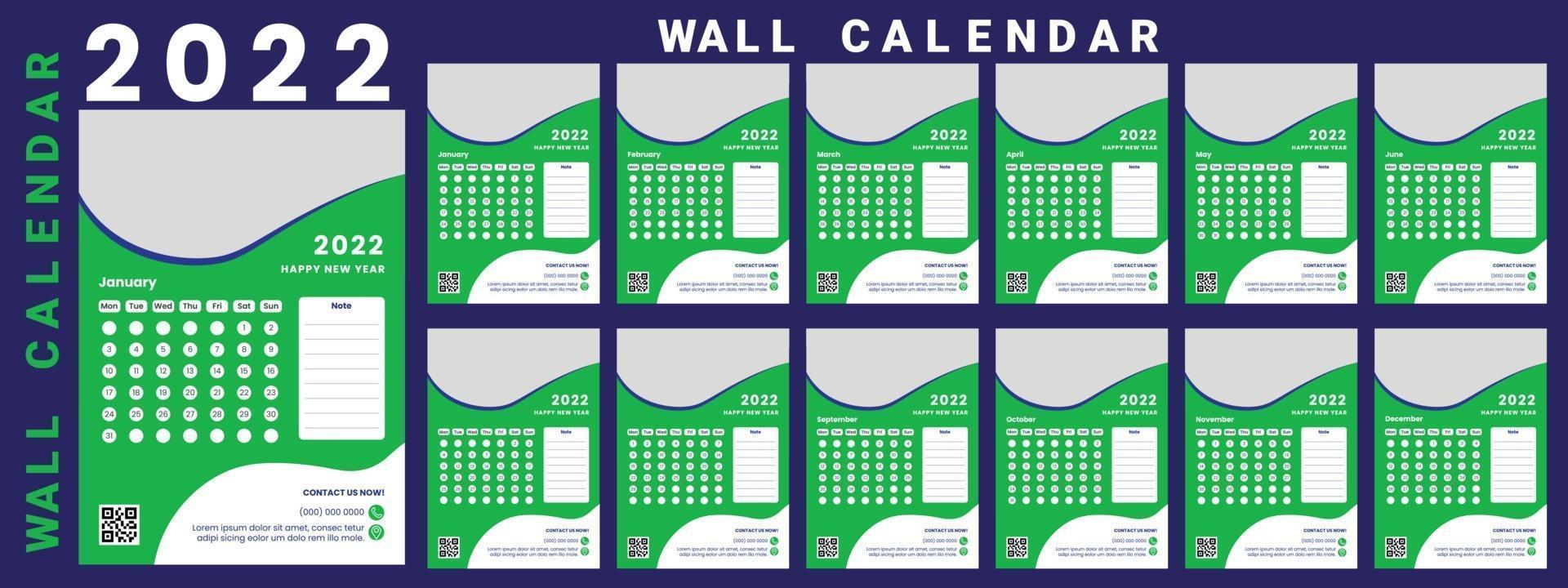 Wall Calendar 2022 week start Monday corporate design template vector