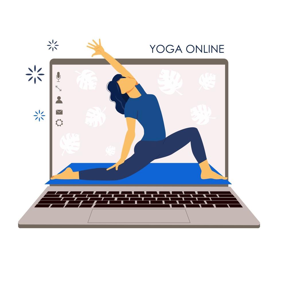 yoga en línea. entrenador de chica tiene una lección en línea. pantalla de portátil. Deportes vector
