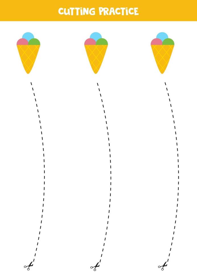 Cutting practice for children with cute cartoon ice cream. vector