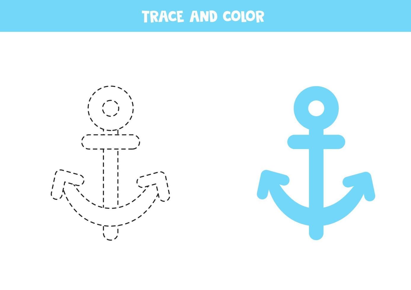 Trace and color cartoon anchor. Worksheet for kids. vector