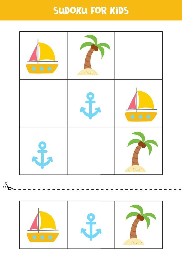 juego de sudoku para niños con elementos de verano de dibujos animados. vector