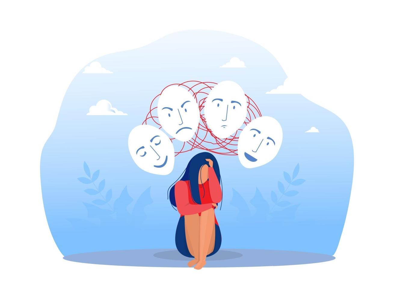 Imposter syndrome, masks with happy or sad expressions. vector