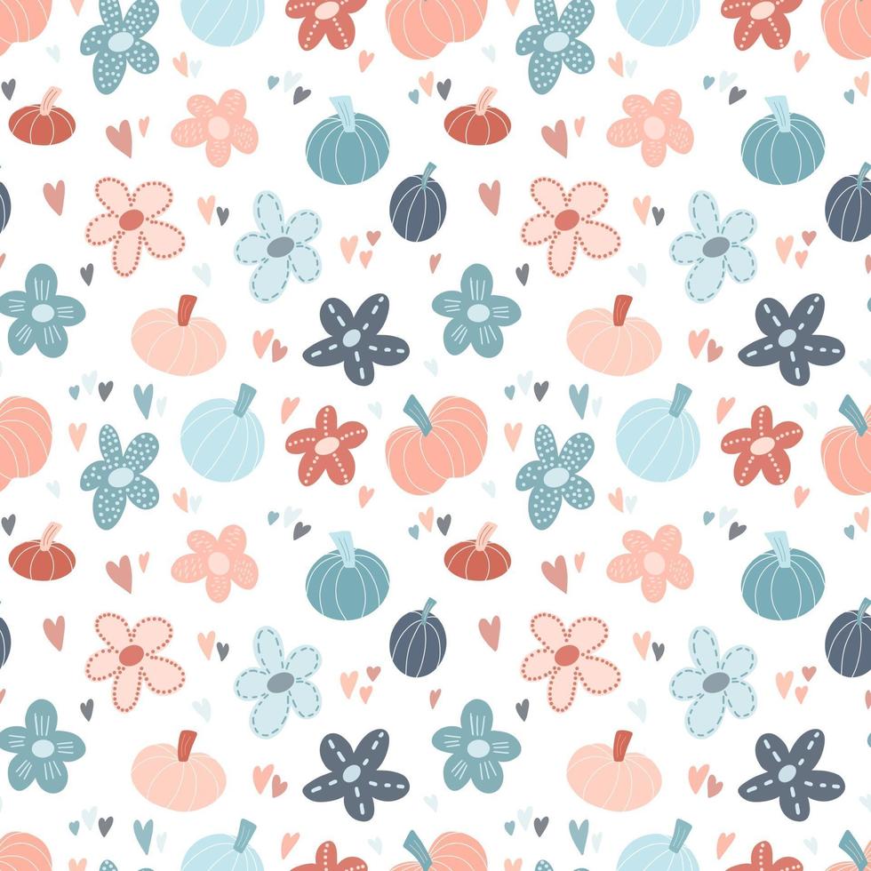 Cute vector seamless pattern background - pumpkins, flowers, hearts