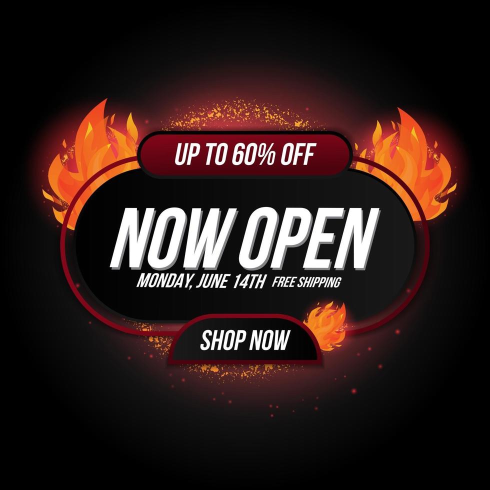 Now open shop or new store red and orange color fire sign on black vector