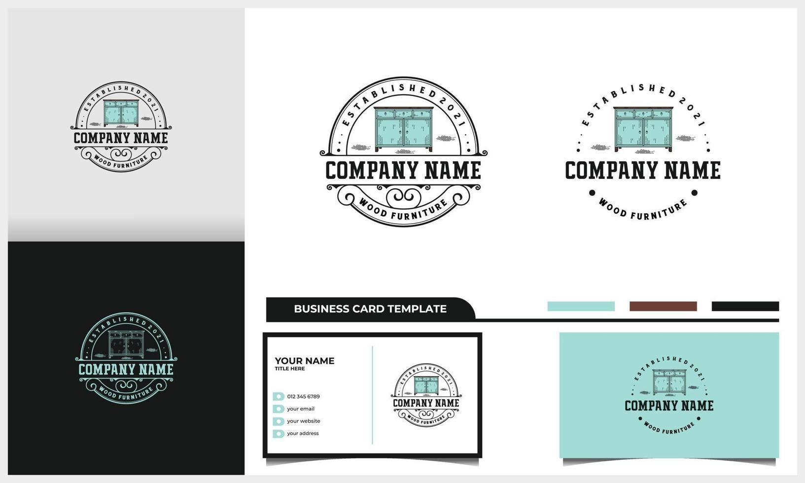 badge and Vintage Furniture table logo with business card template vector