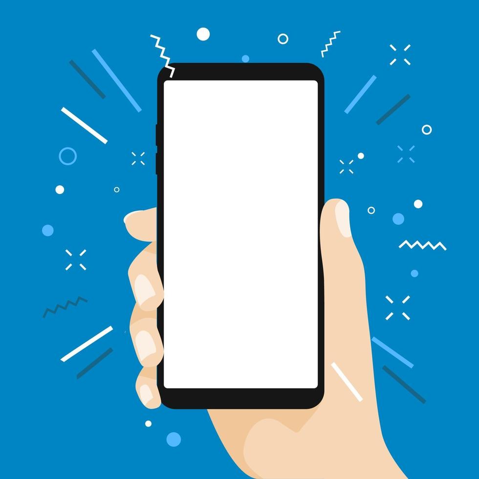 Hand holding blank screen smart phone flat design on blue background. vector