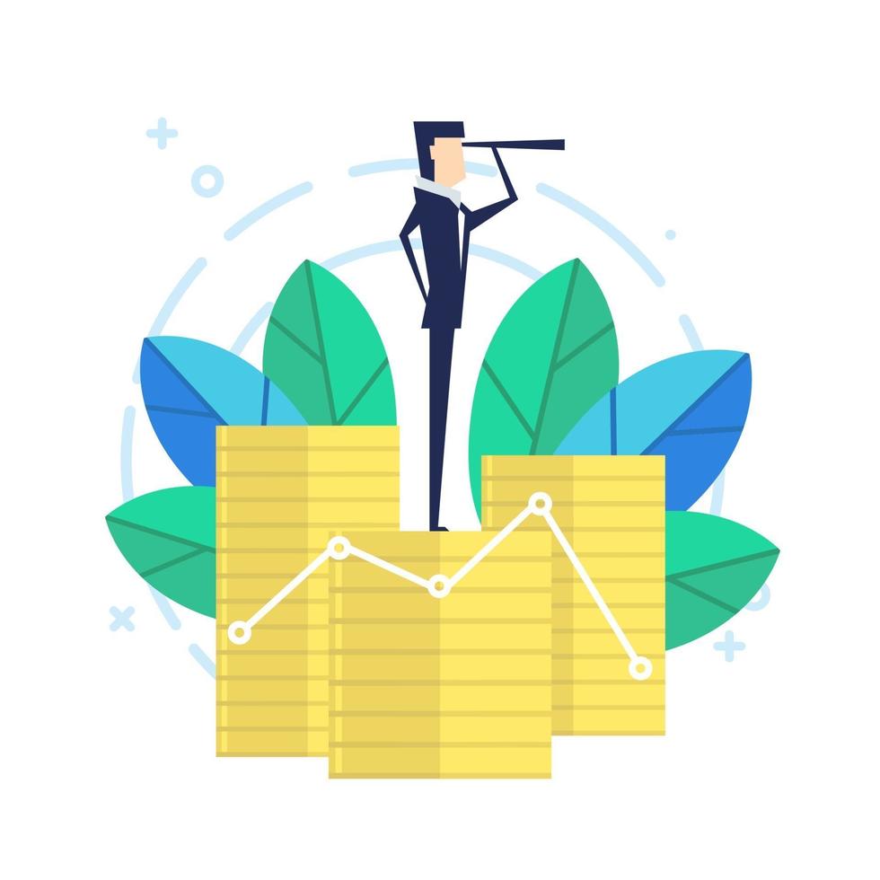 Businessman holding spyglass stand on top of coins. vector