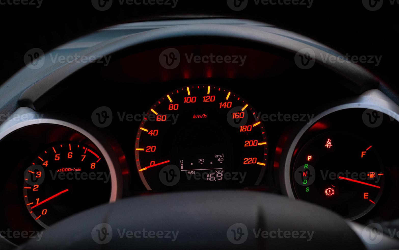 Close up of car speedometer with the needle pointing at  0 kmp photo