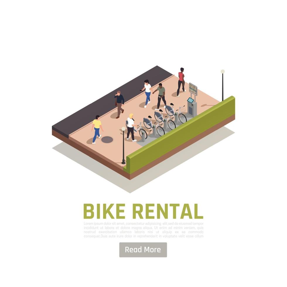 Ilustración de vector de composición isométrica de alquiler de bicicletas