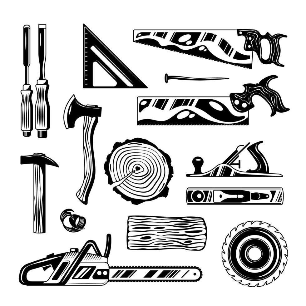 Woodwork Engraving Hand Drawn Set Vector Illustration