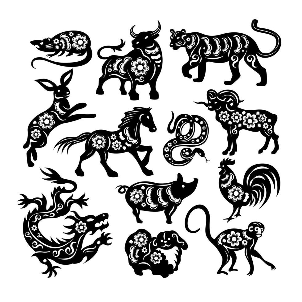 Chinese Black Zodiac Figures Of Sacred Animals Vector Illustration