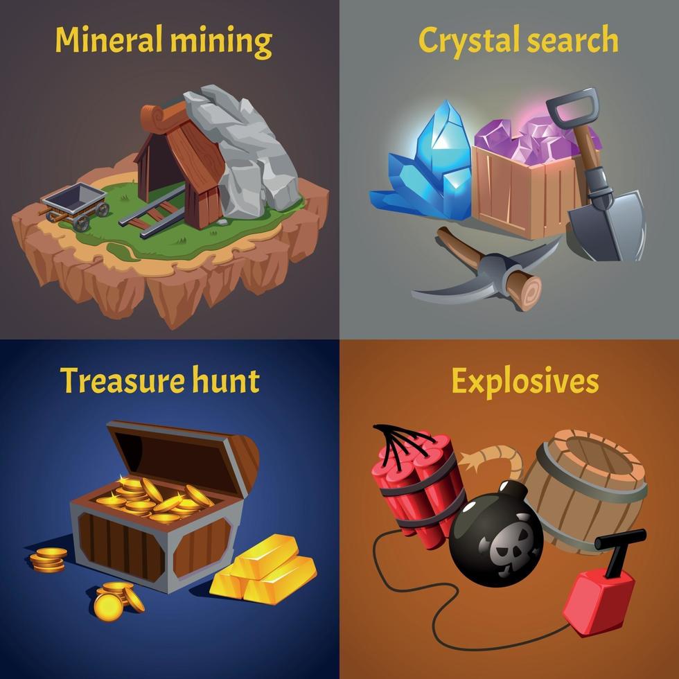 Conjunto de iconos de diseño de juegos de minería de dibujos animados ilustración vectorial vector