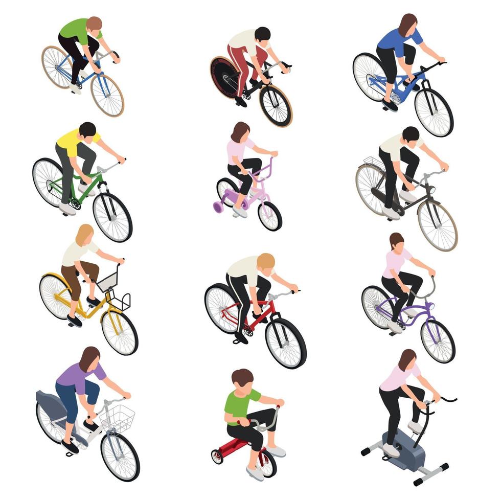 Personas que andan en bicicleta conjunto isométrico ilustración vectorial vector