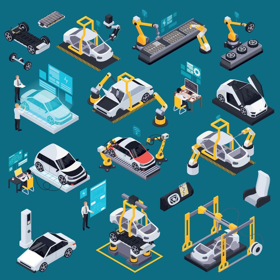 Electric Vehicle Production Isometric Set Vector Illustration