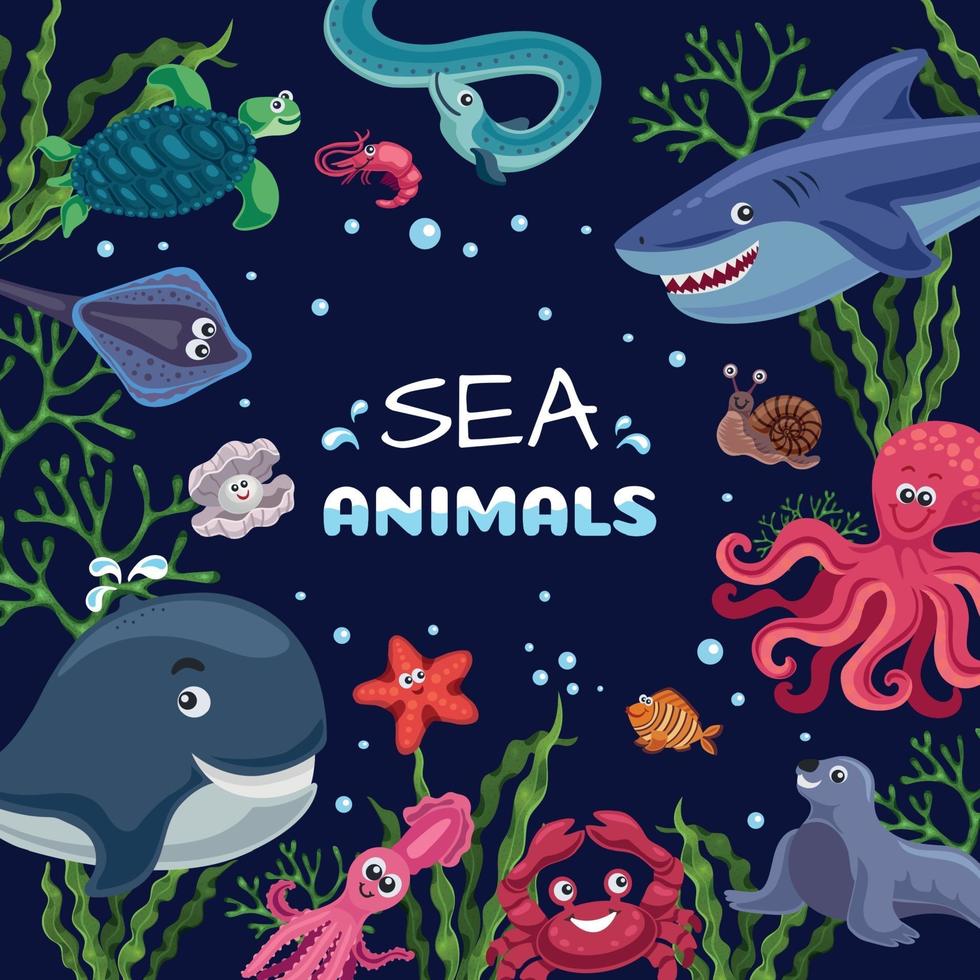 Ilustración de vector de marco divertido de animales marinos