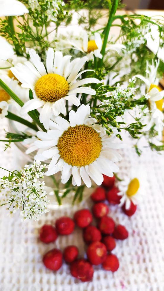 A bouquet of daisies close-up on a background of blurry berries photo