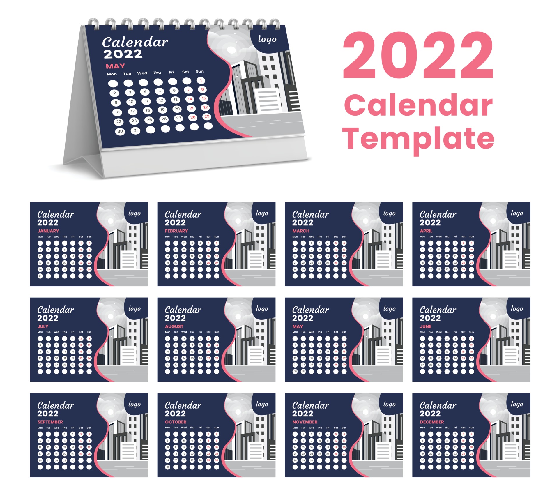 Set Desk Calendar 2022 template design,Set of 12 Months, 3044510 Vector Art at Vecteezy