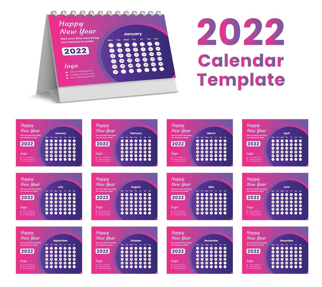 Establecer el diseño de plantilla de calendario de escritorio 2022, conjunto de 12 meses, vector