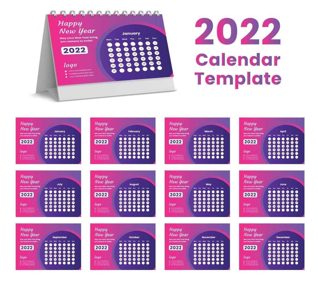 Set Desk Calendar 2022 template design,Set of 12 Months, vector