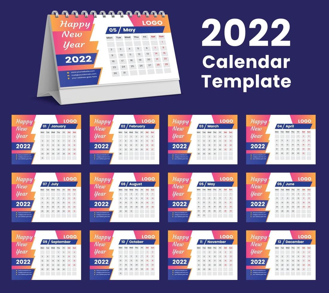 Establecer el diseño de plantilla de calendario de escritorio 2022, conjunto de 12 meses, vector