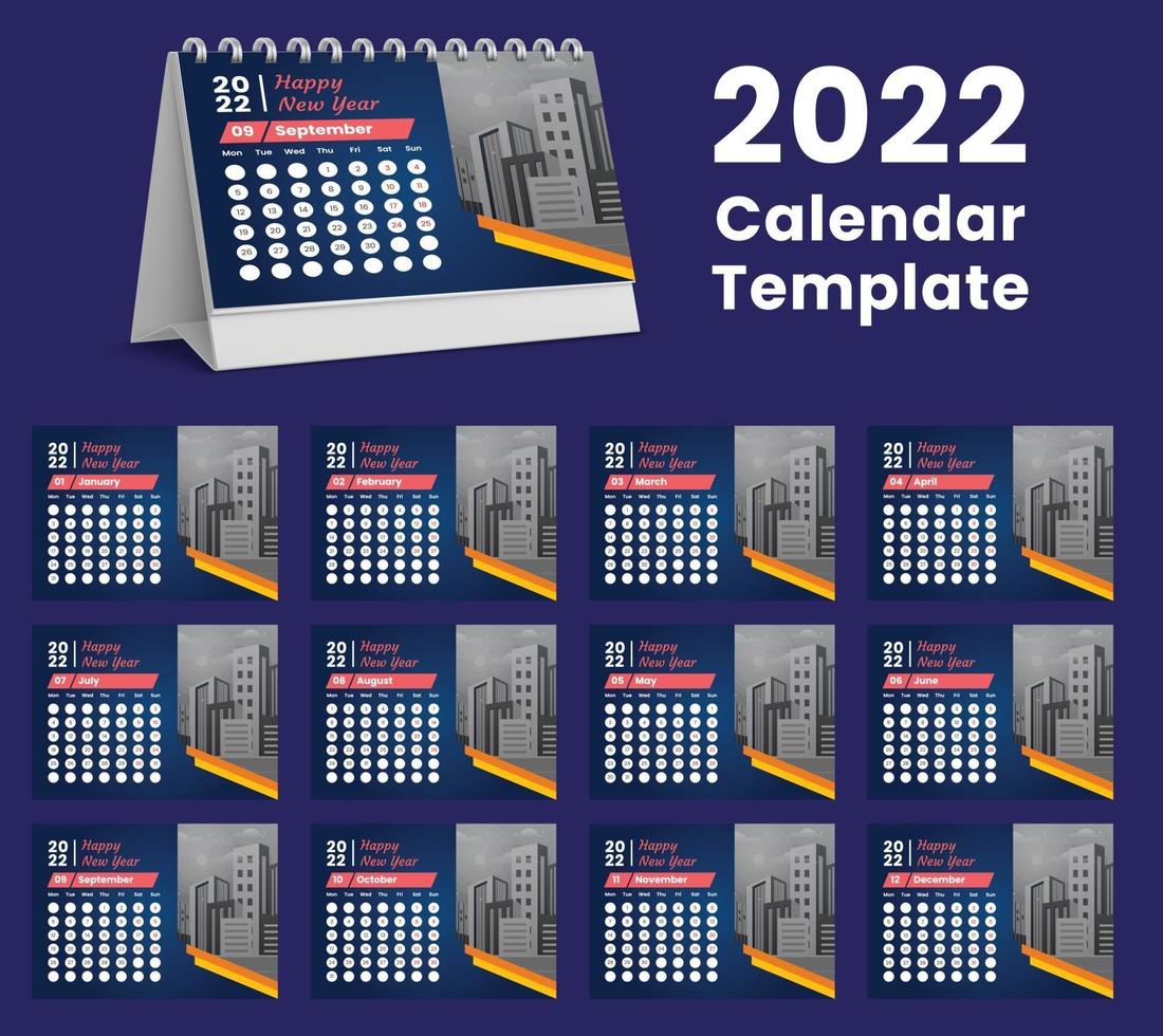 Establecer el diseño de plantilla de calendario de escritorio 2022, conjunto de 12 meses, vector