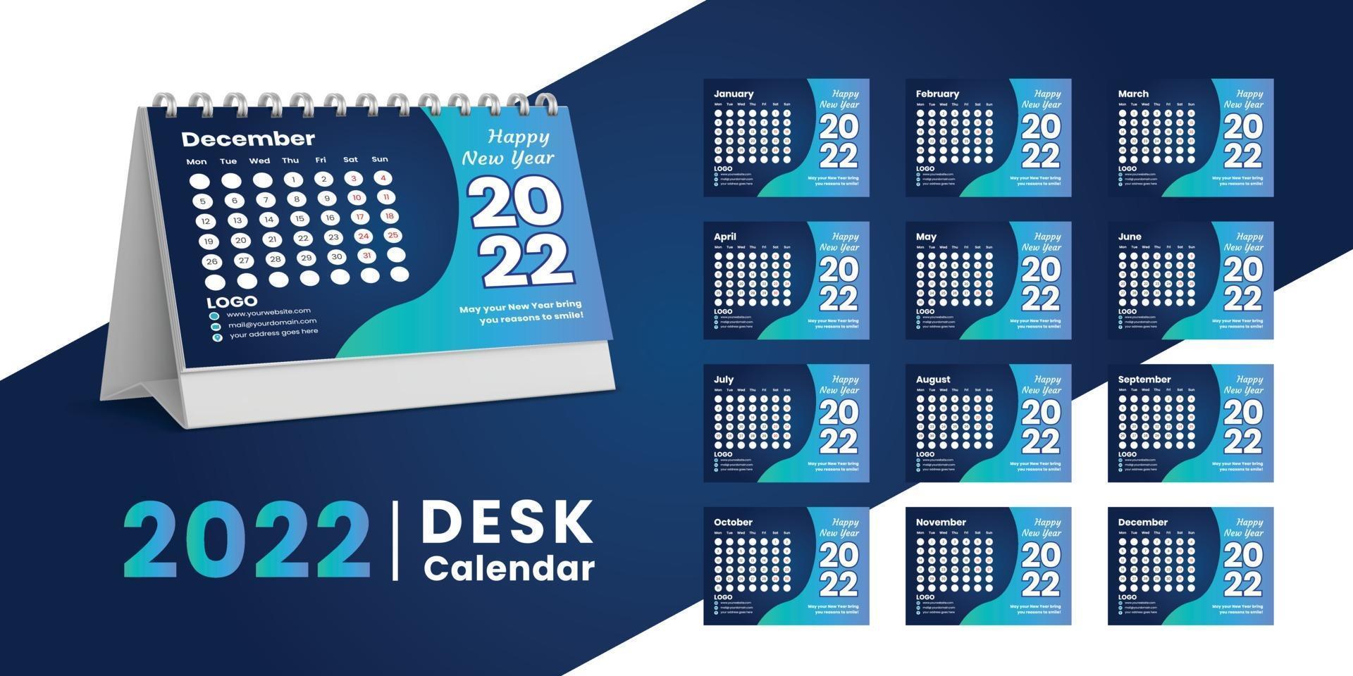 Establecer el diseño de plantilla de calendario de escritorio 2022, conjunto de 12 meses, vector