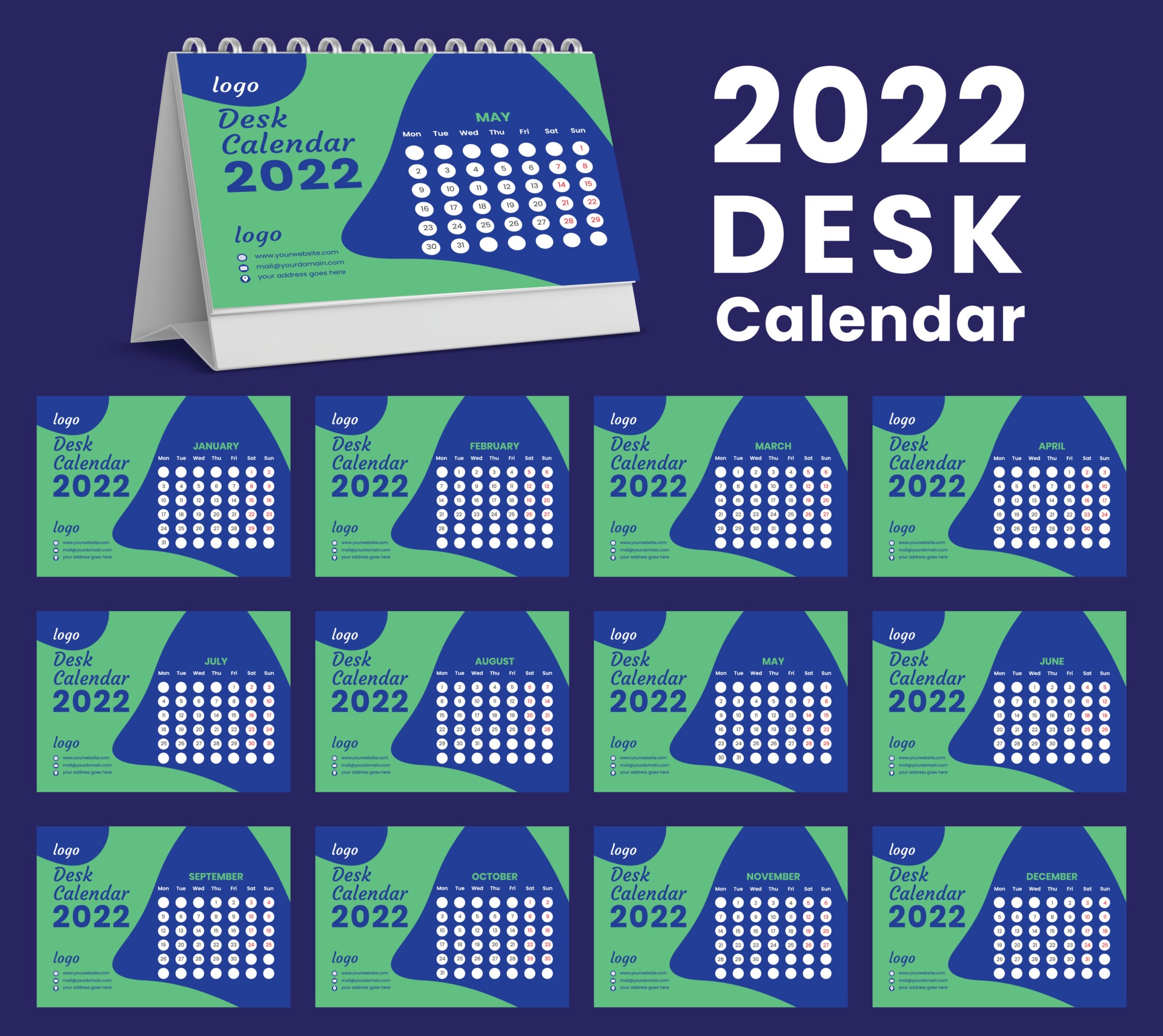 Set Desk Calendar 2022 template design,Set of 12 Months, 3044523 Vector Art at Vecteezy
