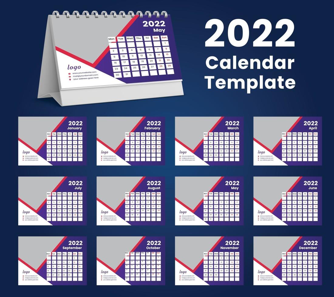 Set Desk Calendar 2022 template design,Set of 12 Months, vector