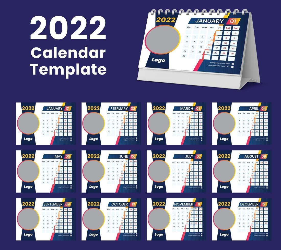 Set Desk Calendar 2022 template design,Set of 12 Months, vector