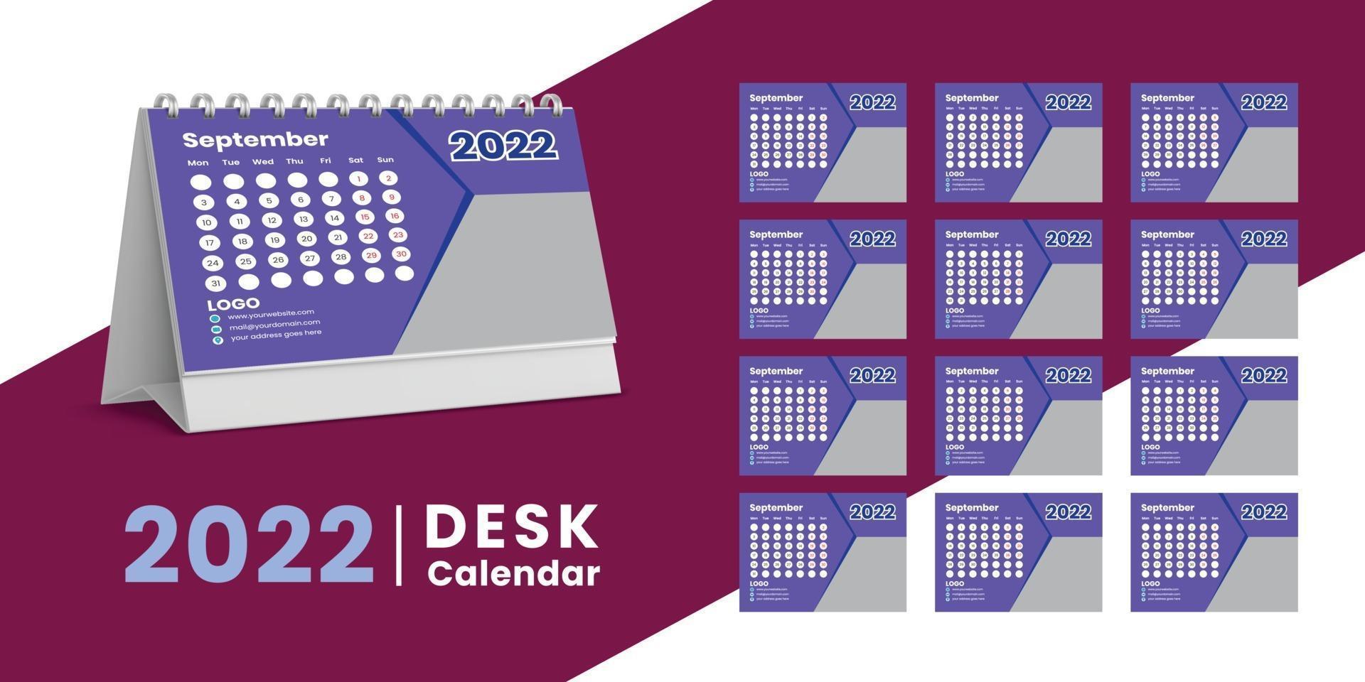 Set Desk Calendar 2022 template design,Set of 12 Months, vector