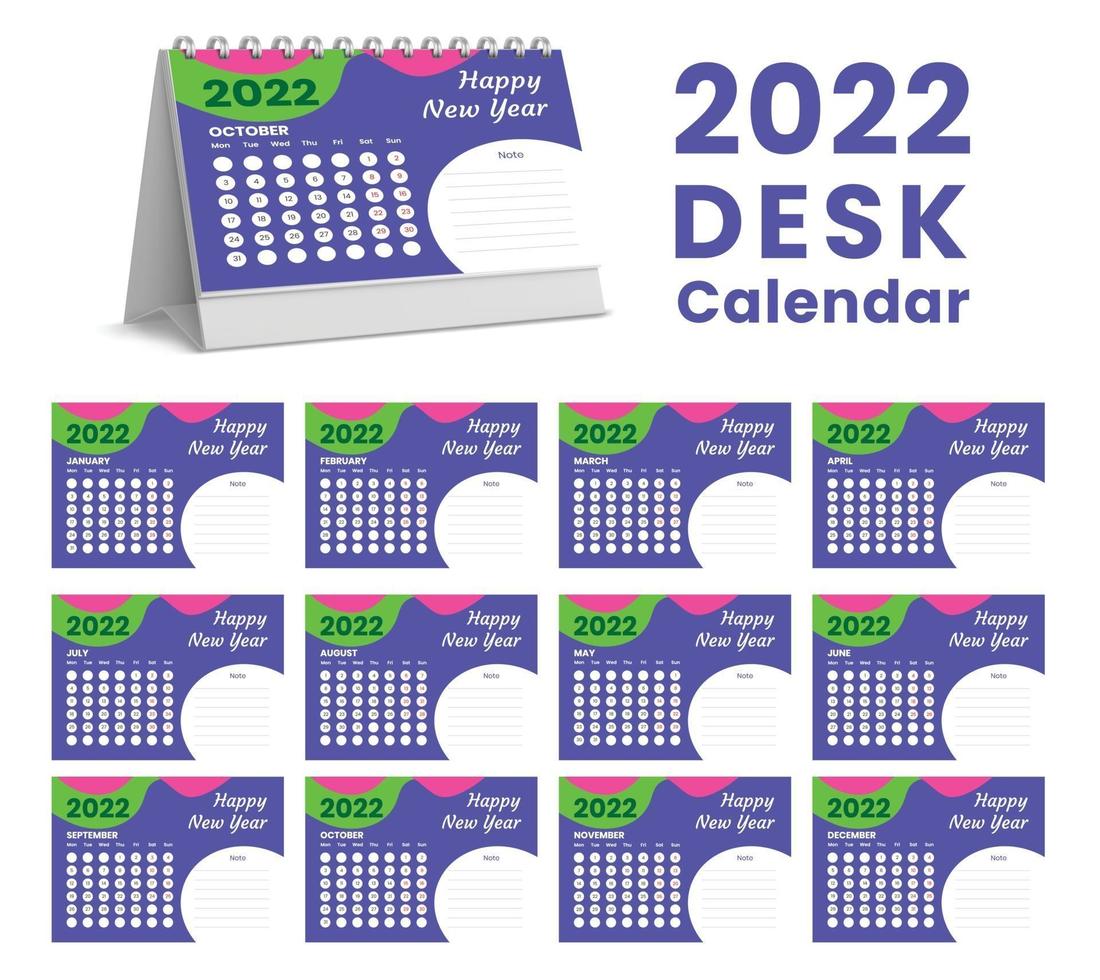 Set Desk Calendar 2022 template design,Set of 12 Months, vector