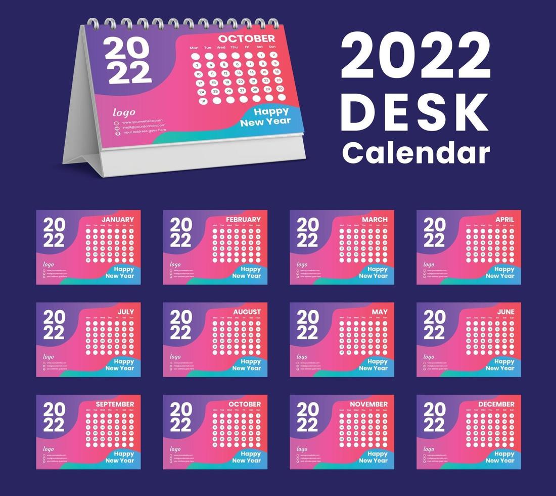 Set Desk Calendar 2022 template design,Set of 12 Months, vector