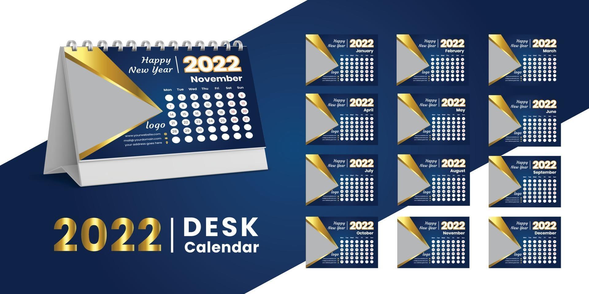 Set Desk Calendar 2022 template design,Set of 12 Months, vector