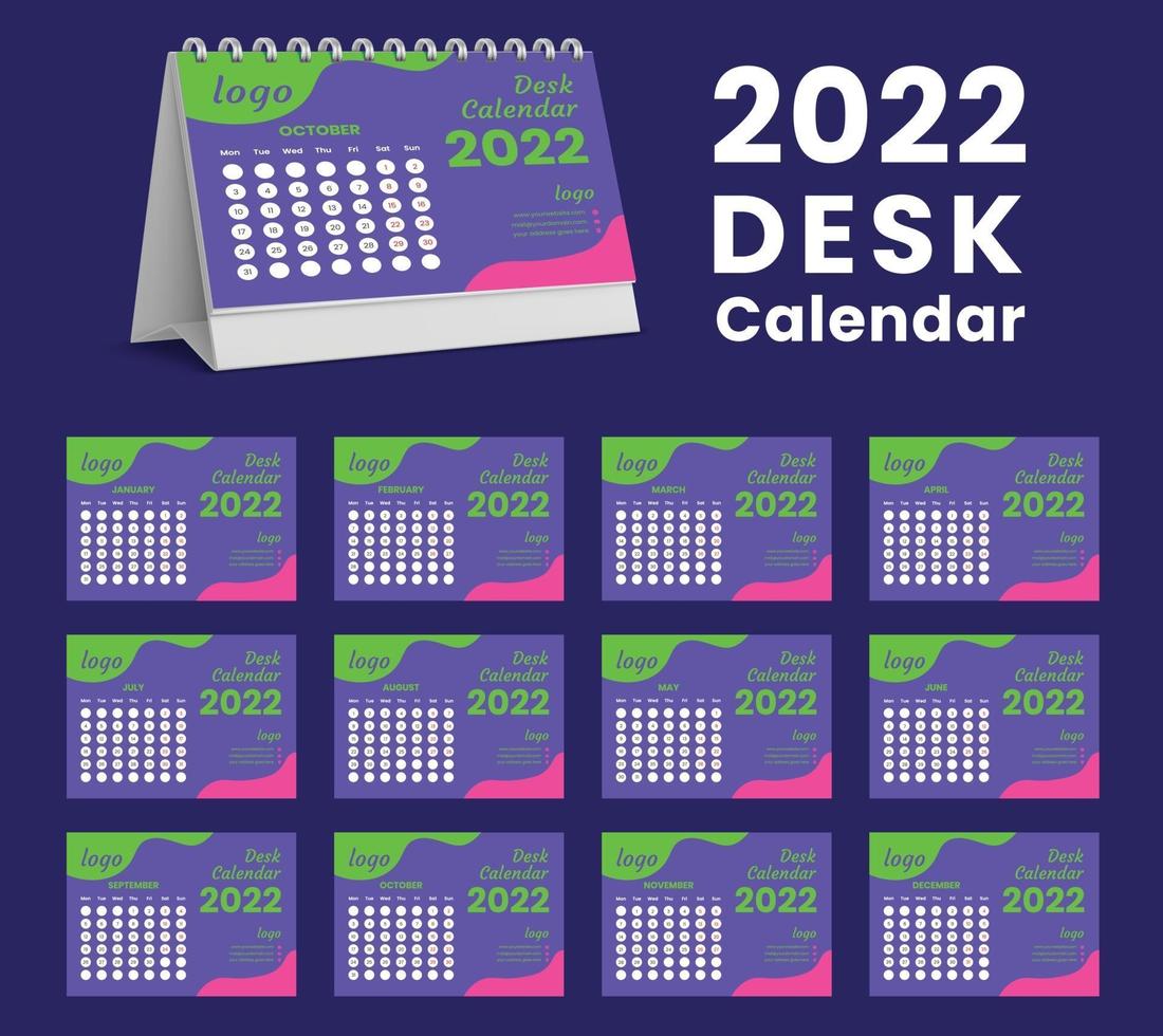 Set Desk Calendar 2022 template design,Set of 12 Months, vector