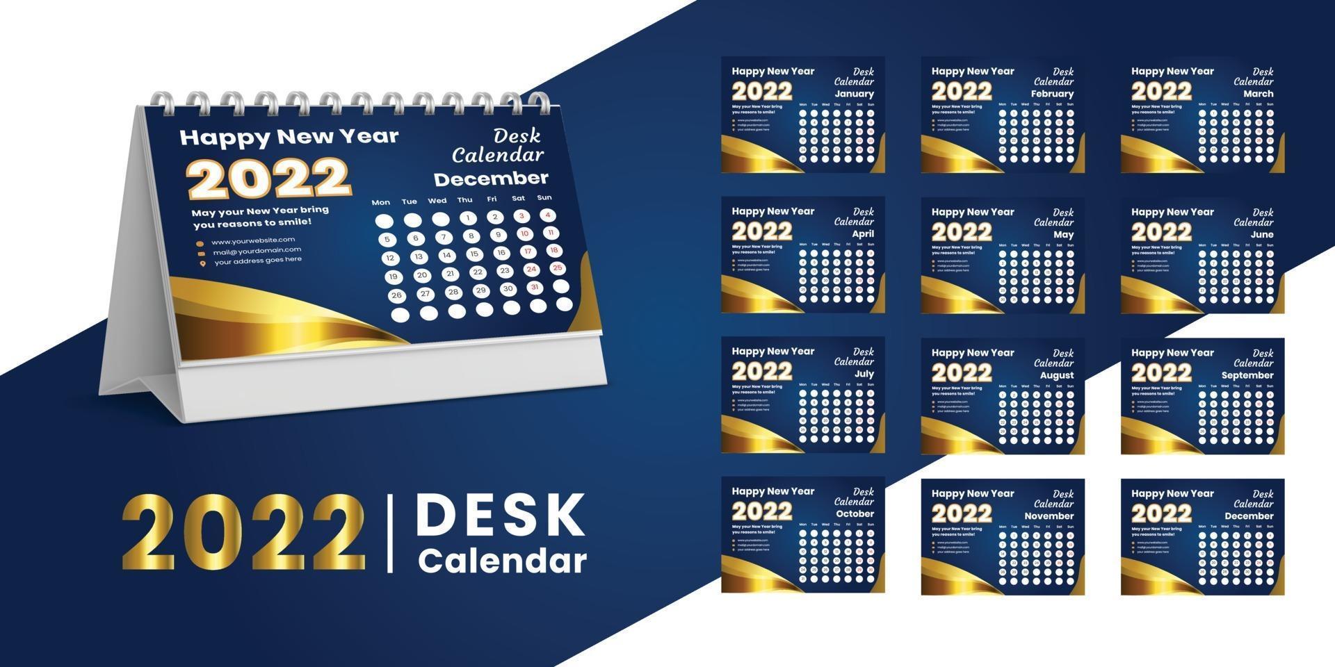 Establecer el diseño de plantilla de calendario de escritorio 2022, conjunto de 12 meses, vector