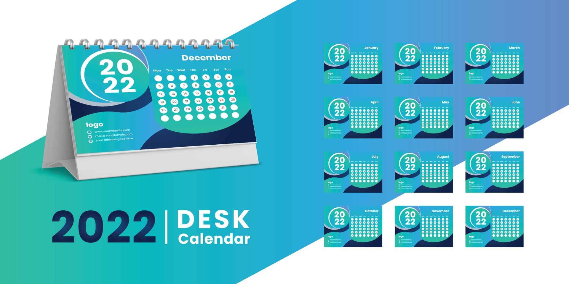 Set Desk Calendar 2022 template design,Set of 12 Months, 3044555 Vector