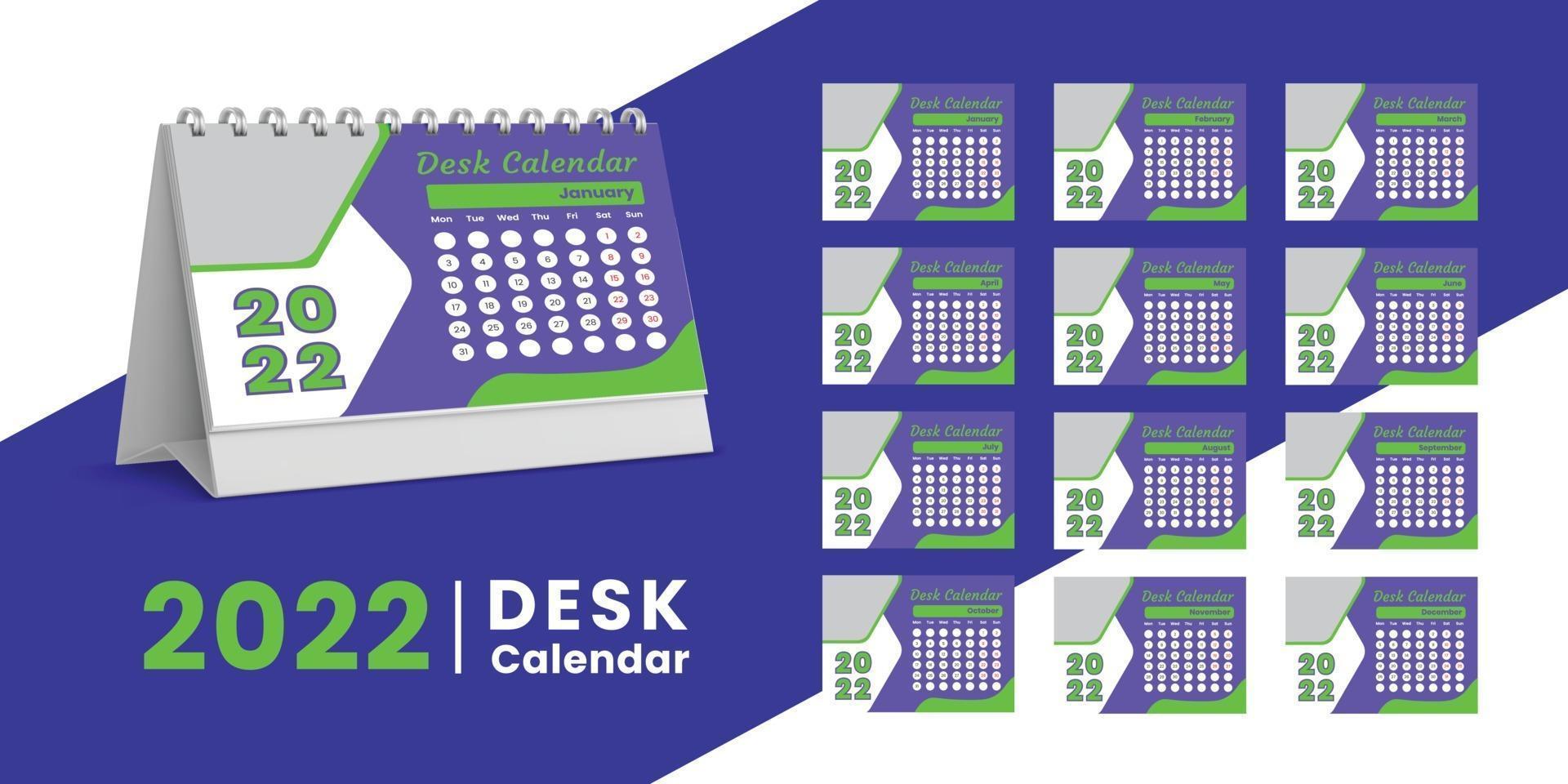 Establecer el diseño de plantilla de calendario de escritorio 2022, conjunto de 12 meses, vector