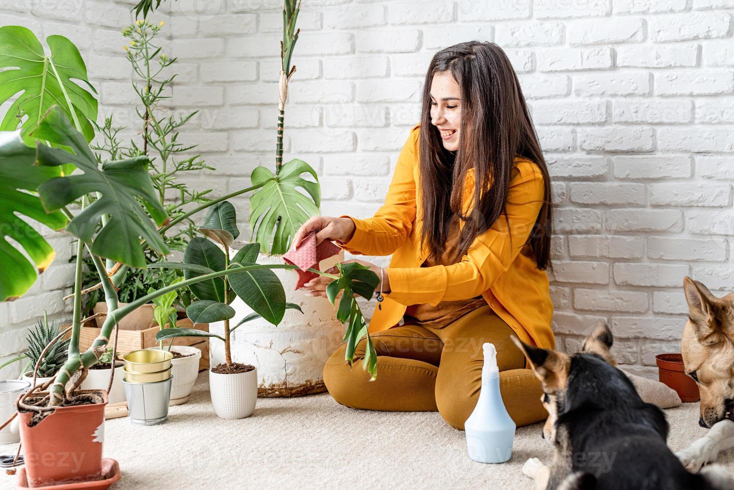 Jardinero de mujer cuidando de las plantas del jardín de su casa foto