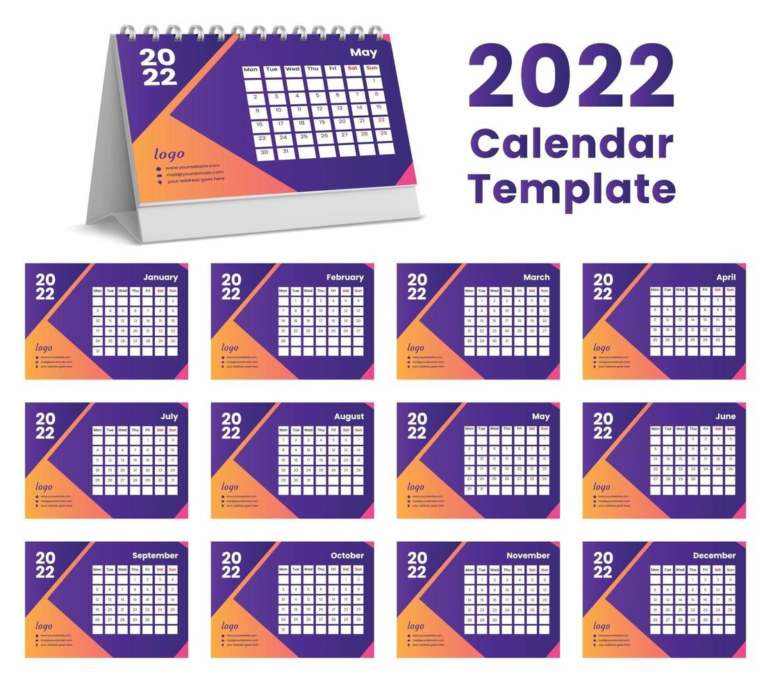 Set Desk Calendar 2022 template design,Set of 12 Months, vector