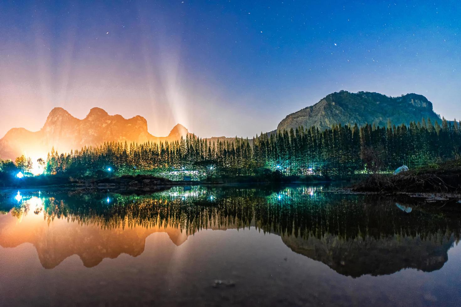 Beautiful night scape with reflection on lake at Khao e bid photo